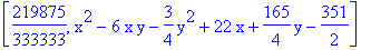 [219875/333333, x^2-6*x*y-3/4*y^2+22*x+165/4*y-351/2]